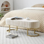 Banc de rangement ottoman moderne en velours ovale, rembourré, avec pieds en métal doré, 48 po