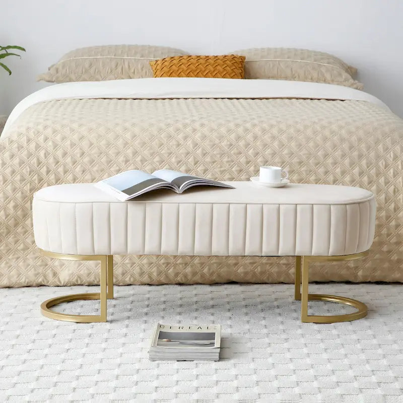 Banc de rangement ottoman moderne en velours ovale, rembourré, avec pieds en métal doré, 48 po
