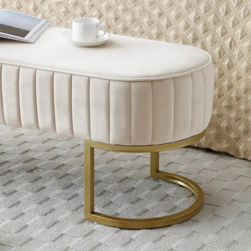 Banc de rangement ottoman moderne en velours ovale, rembourré, avec pieds en métal doré, 48 po