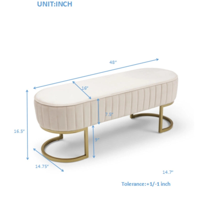 Banc de rangement ottoman moderne en velours ovale, rembourré, avec pieds en métal doré, 48 po