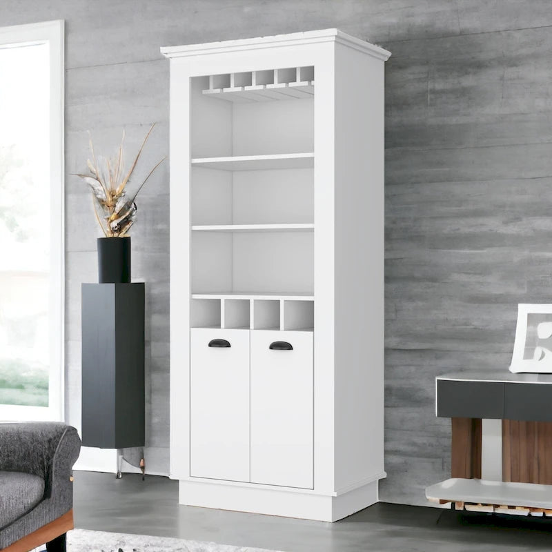 70" White Bar Cabinet with Wine Bottle Storage, Glass Holder, Open Shelves, 70H x 29.4W x 19D