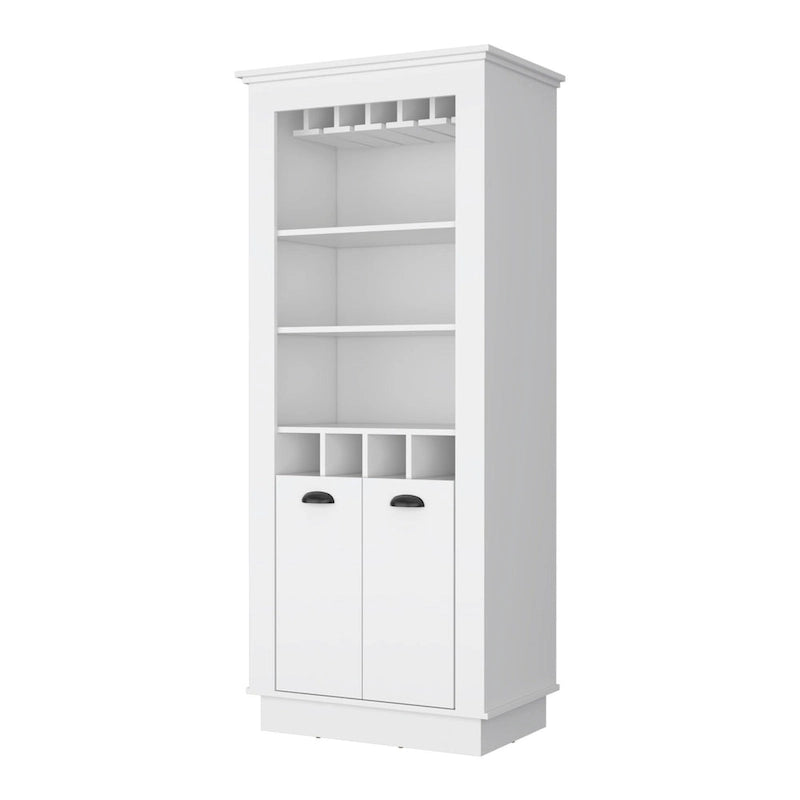 70" White Bar Cabinet with Wine Bottle Storage, Glass Holder, Open Shelves, 70H x 29.4W x 19D