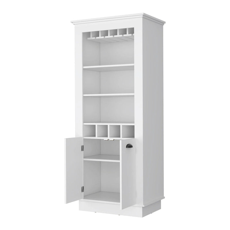 70" White Bar Cabinet with Wine Bottle Storage, Glass Holder, Open Shelves, 70H x 29.4W x 19D