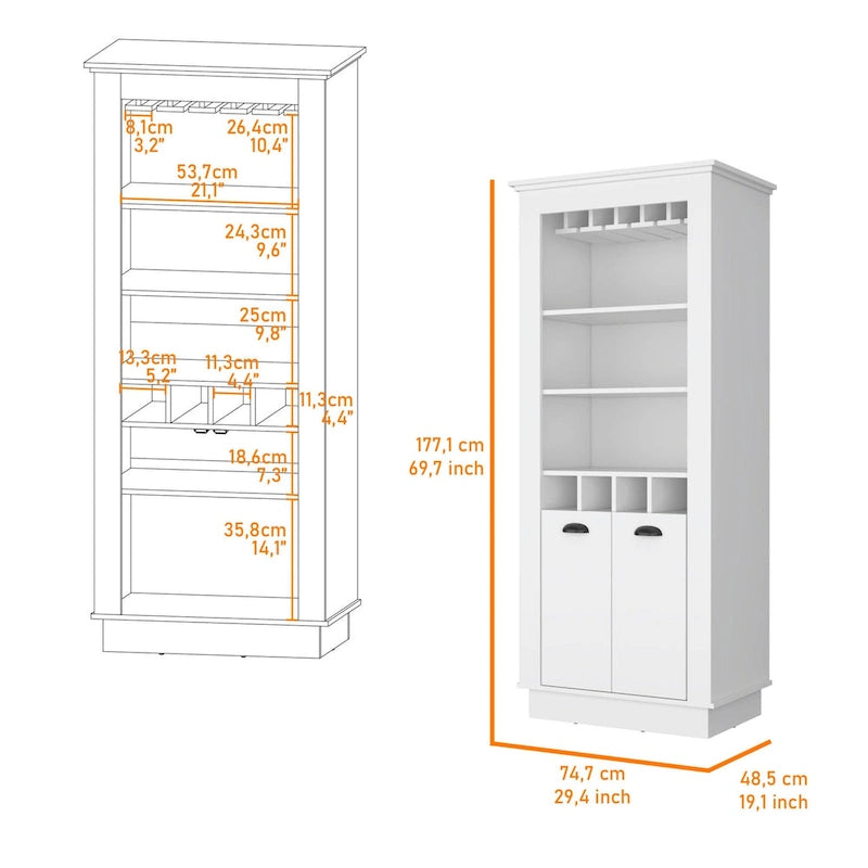 70" White Bar Cabinet with Wine Bottle Storage, Glass Holder, Open Shelves, 70H x 29.4W x 19D