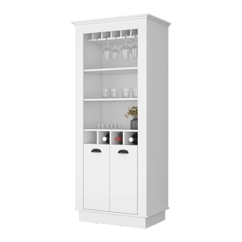 70" White Bar Cabinet with Wine Bottle Storage, Glass Holder, Open Shelves, 70H x 29.4W x 19D