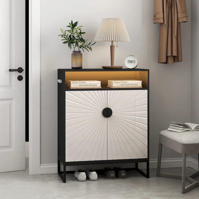 Meuble à Chaussures à 5 Niveaux, Meuble à Chaussures en Bois avec Portes, Organisateur de Chaussures Moderne avec Étagères Ouvertes