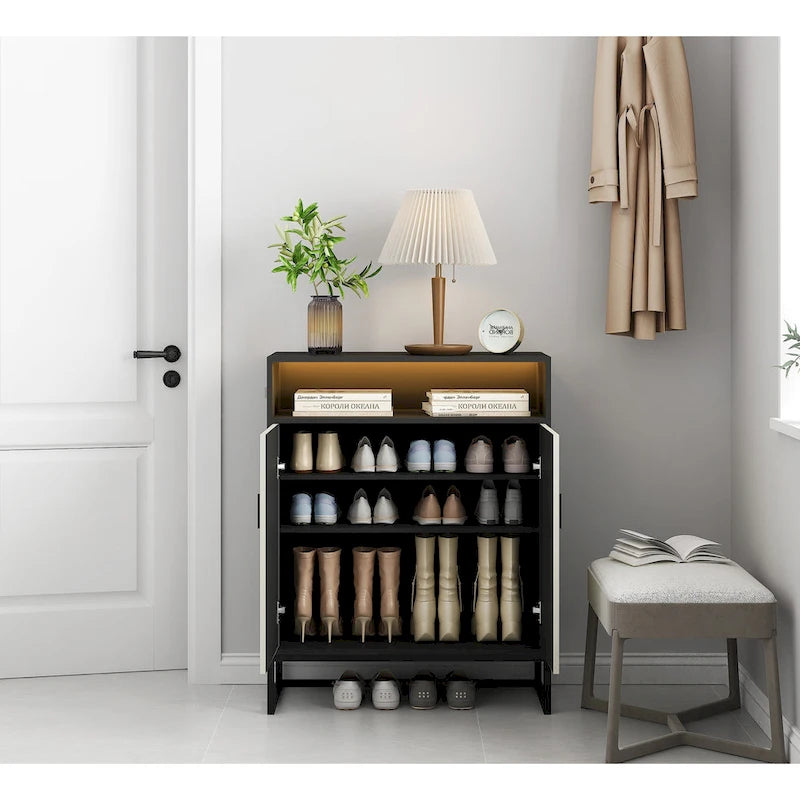 Meuble à Chaussures à 5 Niveaux, Meuble à Chaussures en Bois avec Portes, Organisateur de Chaussures Moderne avec Étagères Ouvertes