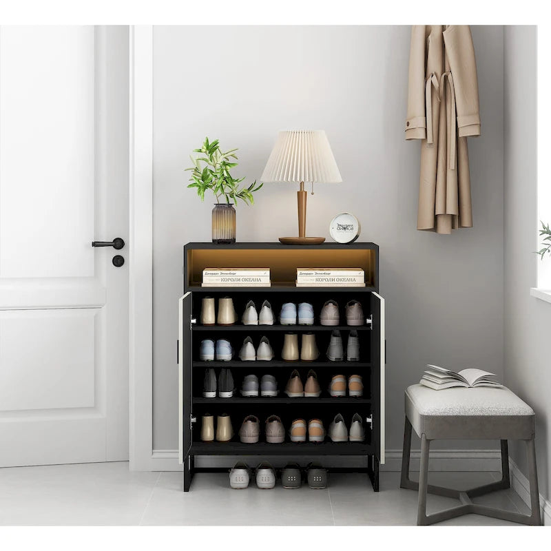 Meuble à Chaussures à 5 Niveaux, Meuble à Chaussures en Bois avec Portes, Organisateur de Chaussures Moderne avec Étagères Ouvertes