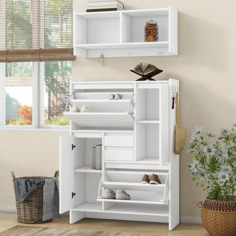 Multi-Functional Tipping Bucket Shoe Cabinet with Wall Cabinet, Space-saving Design Foyer Cabinet with 2 Flip Drawers