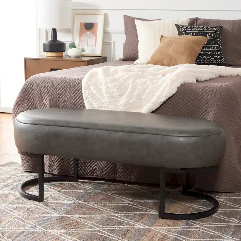Banc ovale rembourré en cuir végétalien gris avec base en métal noir mat, 127 cm (50") L x 48,26 cm (19") H