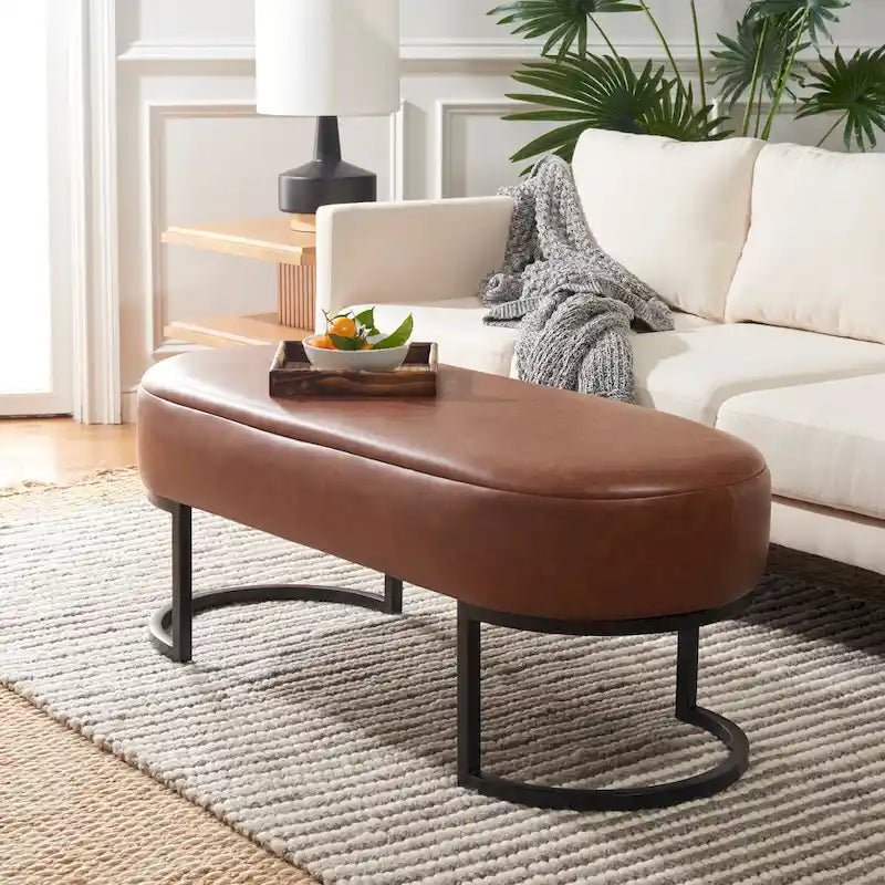 Banc ovale rembourré en cuir végétalien gris avec base en métal noir mat, 127 cm (50") L x 48,26 cm (19") H