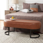 Banc ovale rembourré en cuir végétalien gris avec base en métal noir mat, 127 cm (50") L x 48,26 cm (19") H
