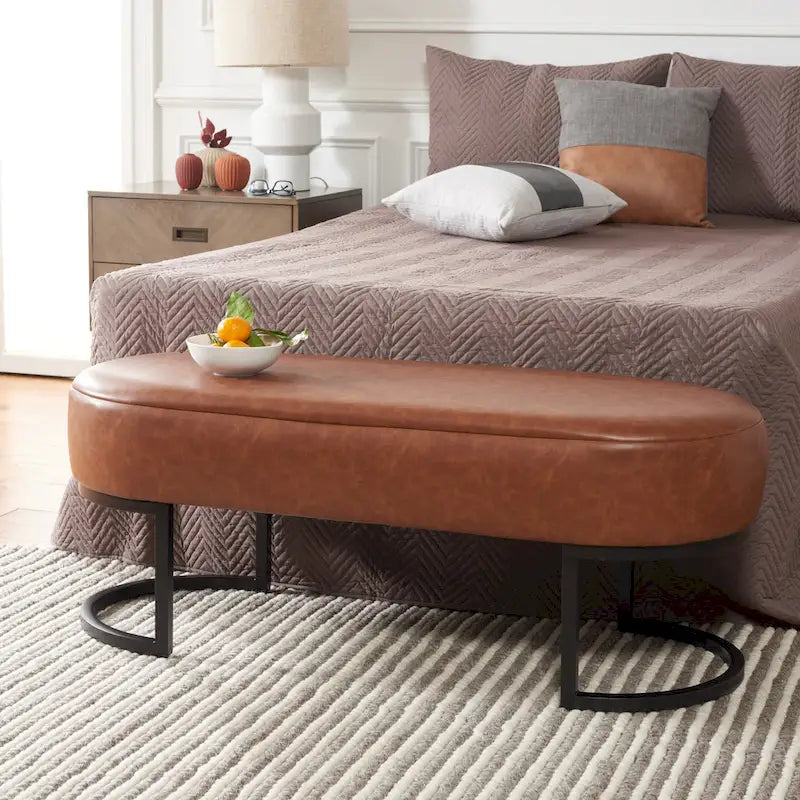 Banc ovale rembourré en cuir végétalien gris avec base en métal noir mat, 127 cm (50") L x 48,26 cm (19") H