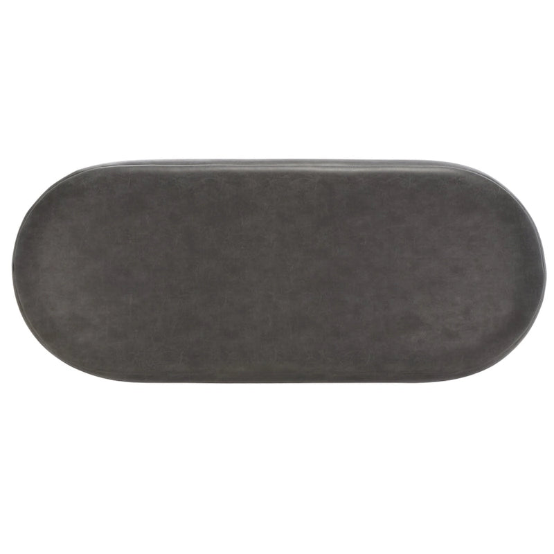Banc ovale rembourré en cuir végétalien gris avec base en métal noir mat, 127 cm (50") L x 48,26 cm (19") H