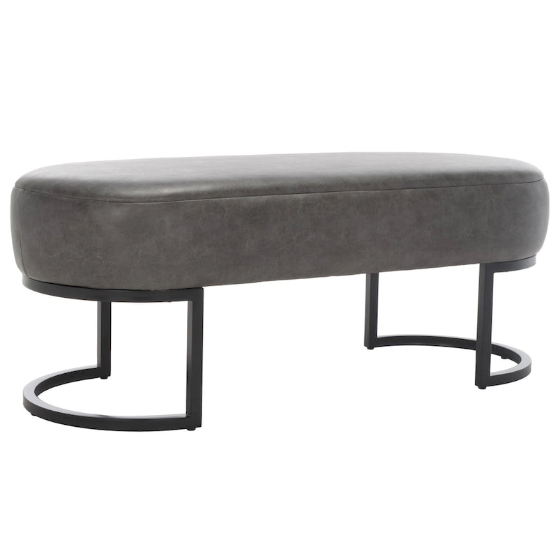 Banc ovale rembourré en cuir végétalien gris avec base en métal noir mat, 127 cm (50") L x 48,26 cm (19") H