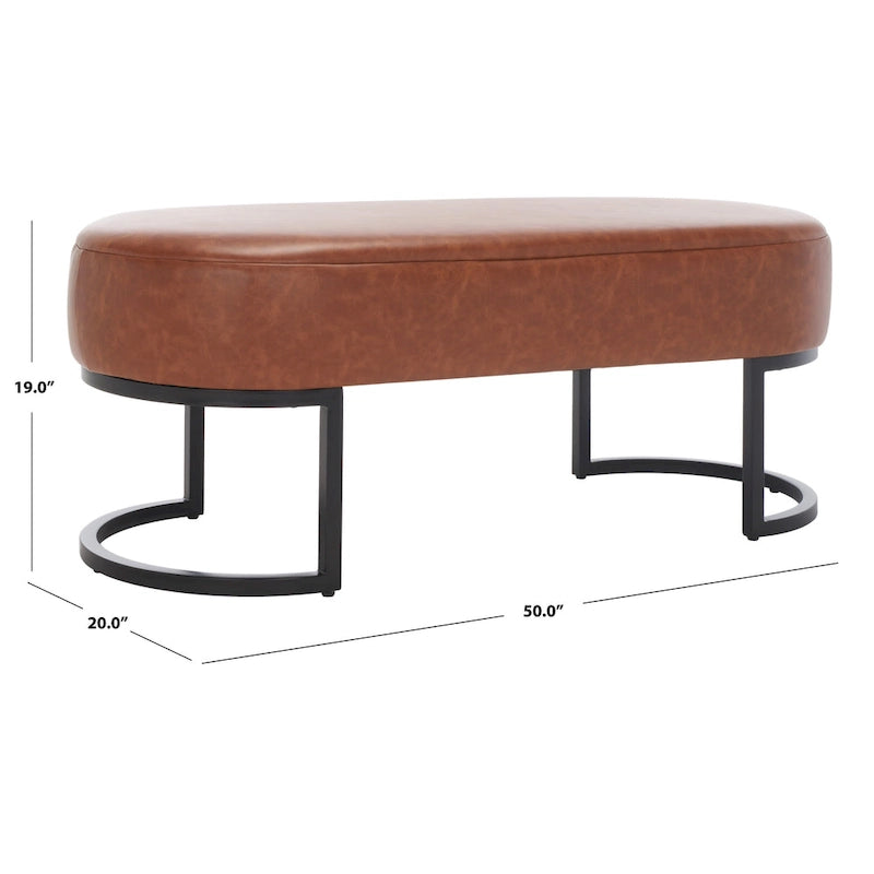 Banc ovale rembourré en cuir végétalien gris avec base en métal noir mat, 127 cm (50") L x 48,26 cm (19") H