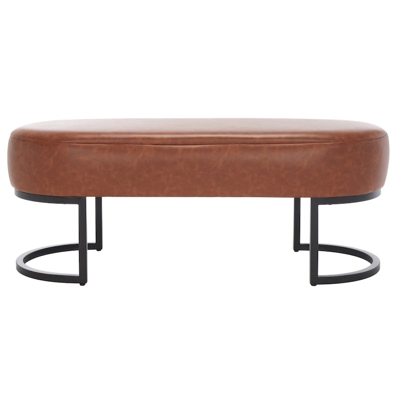 Banc ovale rembourré en cuir végétalien gris avec base en métal noir mat, 127 cm (50") L x 48,26 cm (19") H