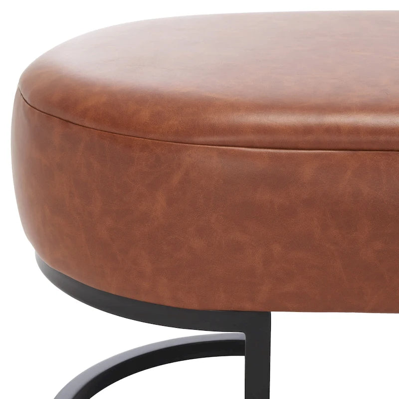Banc ovale rembourré en cuir végétalien gris avec base en métal noir mat, 127 cm (50") L x 48,26 cm (19") H