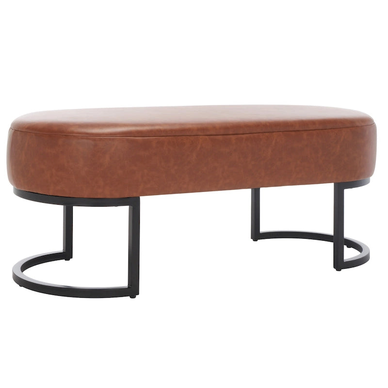 Banc ovale rembourré en cuir végétalien gris avec base en métal noir mat, 127 cm (50") L x 48,26 cm (19") H