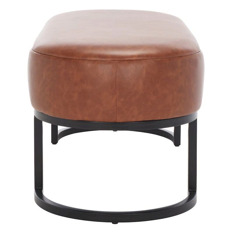 Banc ovale rembourré en cuir végétalien gris avec base en métal noir mat, 127 cm (50") L x 48,26 cm (19") H