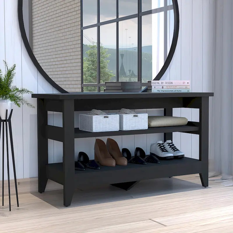 Banc de rangement d'entrée avec 2 étagères ouvertes et 4 pieds, 110 cm (L), noir ou chêne clair