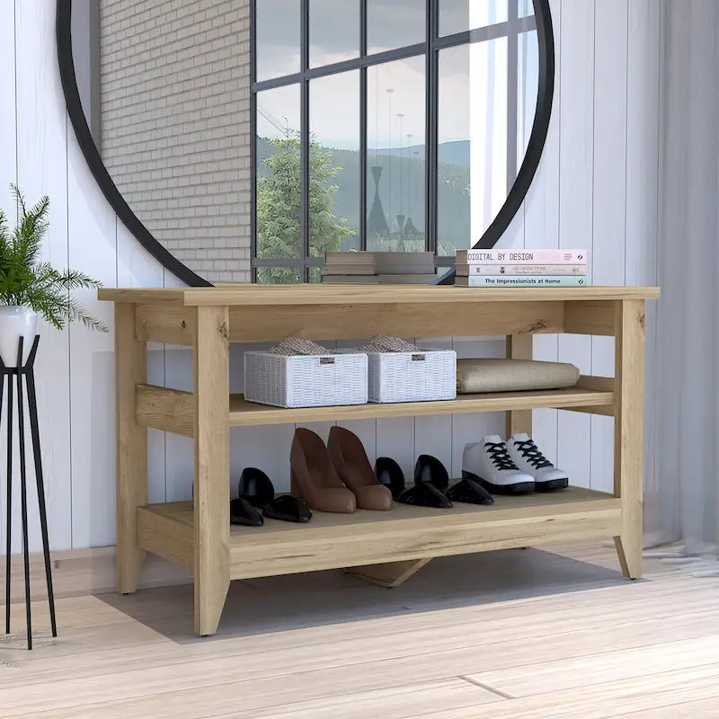 Entryway Storage Bench with 2 Open Shelves & 4 Legs, 43.3"W, Black or Light Oak
