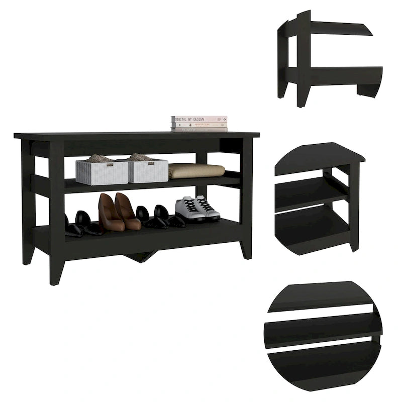 Entryway Storage Bench with 2 Open Shelves & 4 Legs, 43.3"W, Black or Light Oak