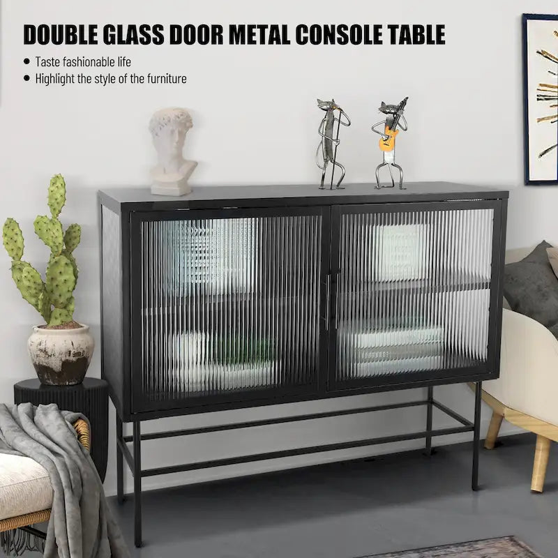 Double Tampered Glass Door Storage Cabinet with Adjustable Shelf