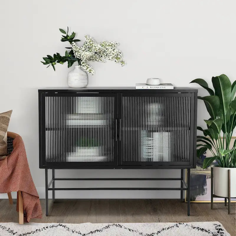 Double Tampered Glass Door Storage Cabinet with Adjustable Shelf