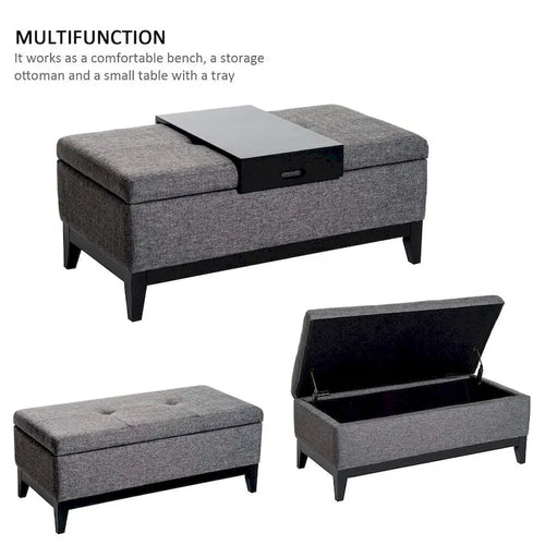 Banc de rangement ottoman capitonné en lin de 42 po avec plateau amovible, gris, capacité de 265 lb
