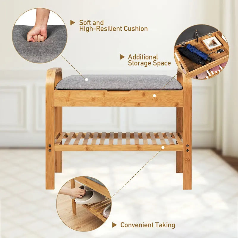 Banc de rangement en bambou, organiseur de chaussures avec siège rembourré, étagère à chaussures
