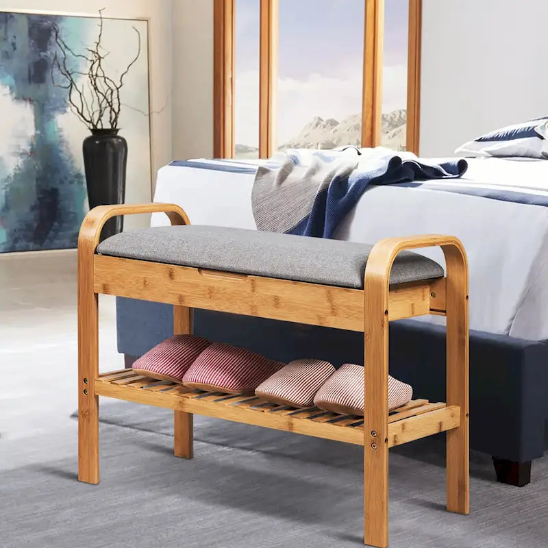 Banc de rangement en bambou, organiseur de chaussures avec siège rembourré, étagère à chaussures
