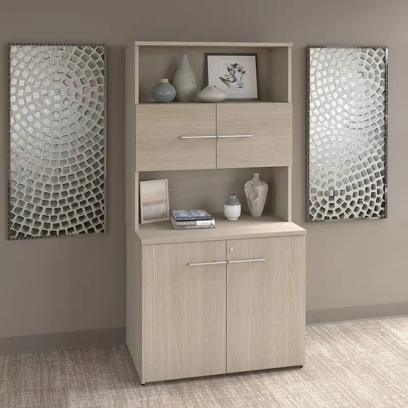 Armoire de rangement haute de bureau avec portes, 2 étagères ouvertes, verrouillable, certifiée ANSI/BIFMA, 36W