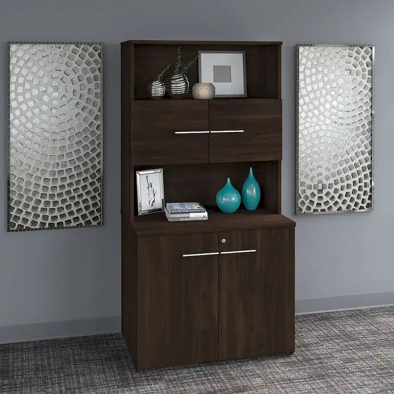 Armoire de rangement haute de bureau avec portes, 2 étagères ouvertes, verrouillable, certifiée ANSI/BIFMA, 36W