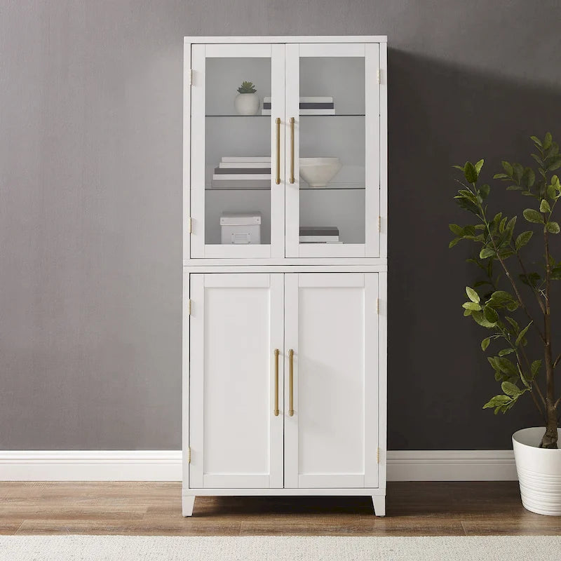 Pantry Storage Cabinet with Tempered Glass Door Hutch, White, Adjustable Shelves