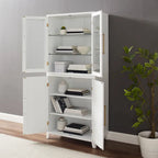 Pantry Storage Cabinet with Tempered Glass Door Hutch, White, Adjustable Shelves