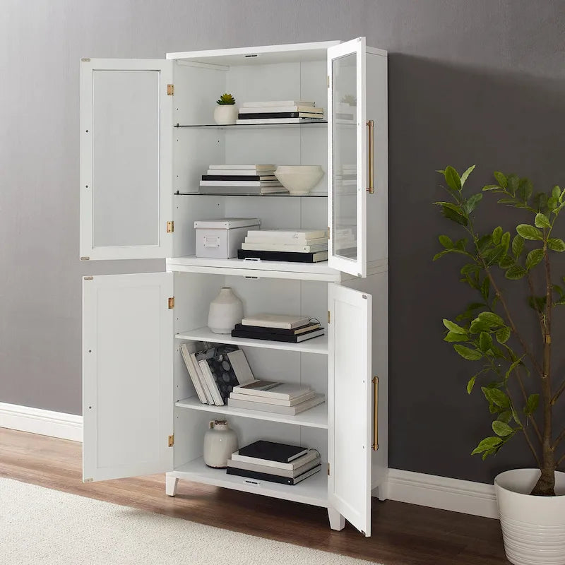 Pantry Storage Cabinet with Tempered Glass Door Hutch, White, Adjustable Shelves