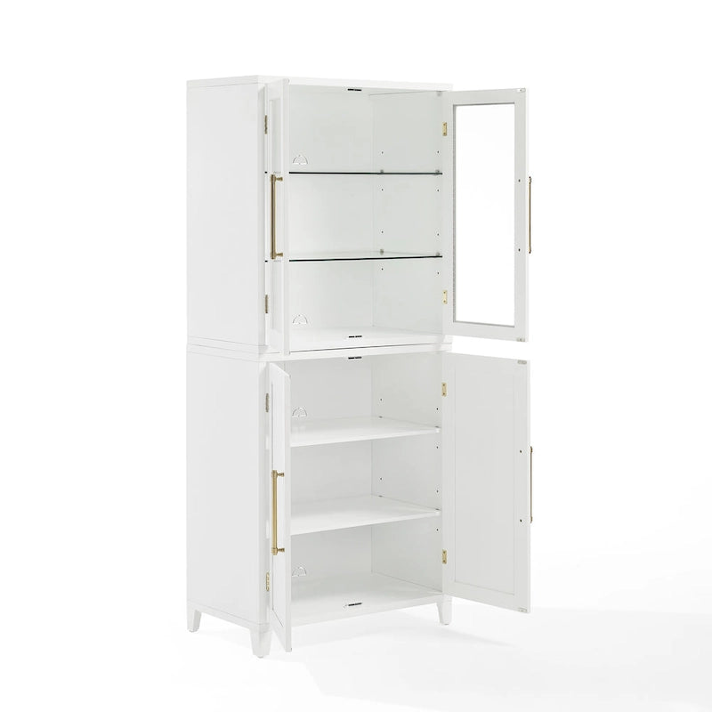 Pantry Storage Cabinet with Tempered Glass Door Hutch, White, Adjustable Shelves