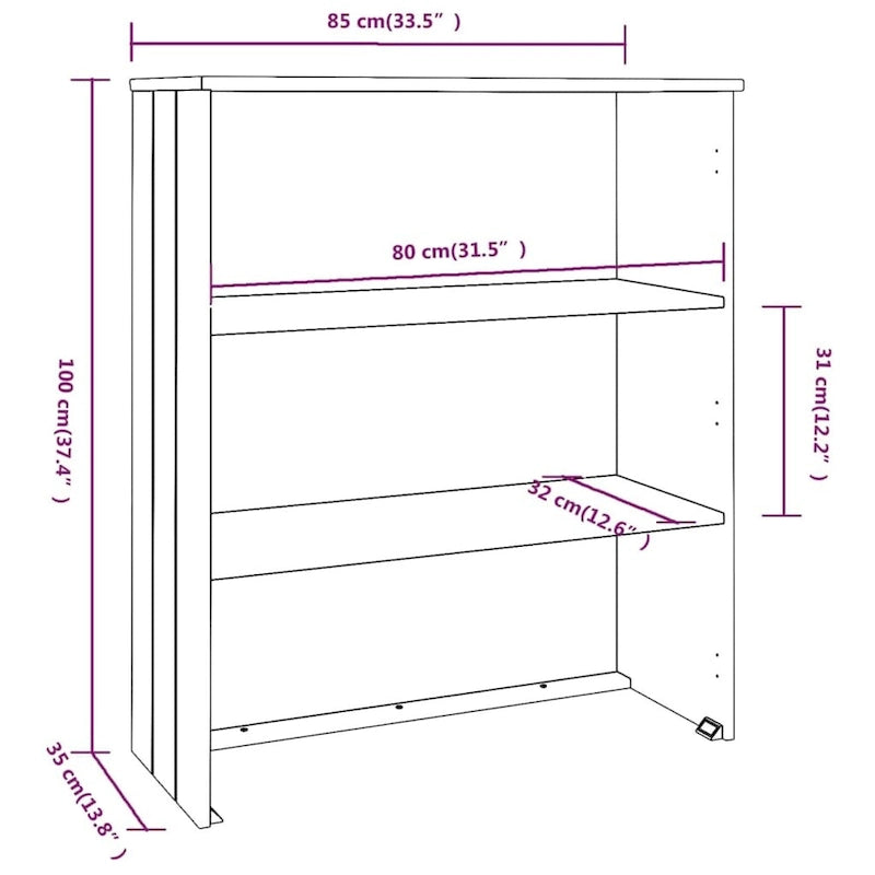 Highboard Cabinet Top with 2 Shelves, Solid Pine Wood, Rustic Style, 33.5W x 13.8D x 39.4H