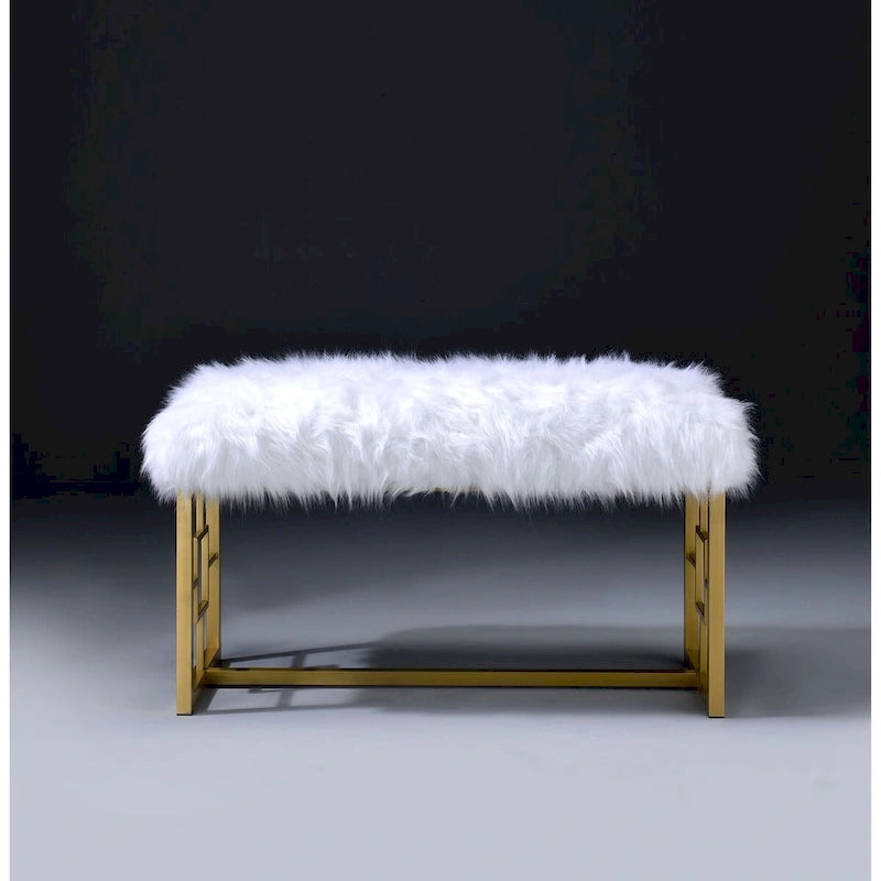 Banc rembourré en fausse fourrure de style moderne avec panneaux latéraux géométriques, blanc et doré - 21 H x 17,5 L x 37,5 P pouces