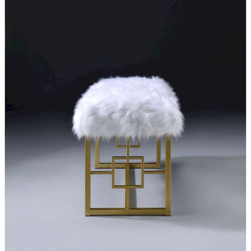 Banc rembourré en fausse fourrure de style moderne avec panneaux latéraux géométriques, blanc et doré - 21 H x 17,5 L x 37,5 P pouces