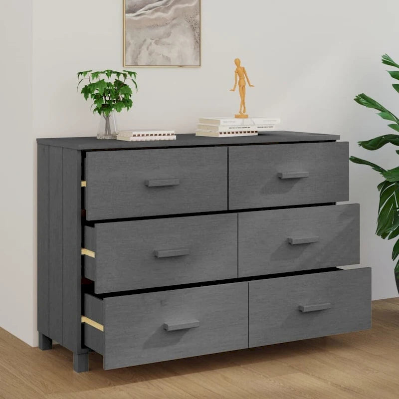 Sideboard Buffet Console Cabinet, 6 Drawers, Solid Pine Wood, Dark/Light Gray, 44.5W x 15.7D x 31.5H