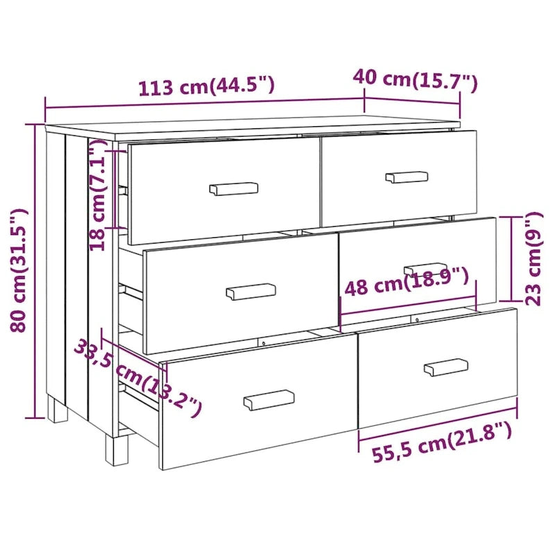 Sideboard Buffet Console Cabinet, 6 Drawers, Solid Pine Wood, Dark/Light Gray, 44.5W x 15.7D x 31.5H