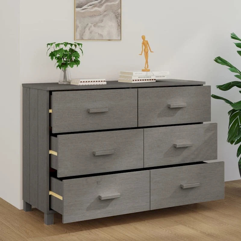 Sideboard Buffet Console Cabinet, 6 Drawers, Solid Pine Wood, Dark/Light Gray, 44.5W x 15.7D x 31.5H