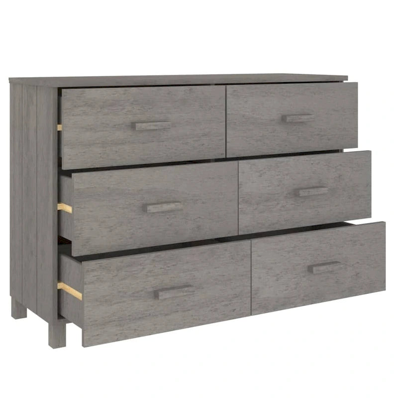 Sideboard Buffet Console Cabinet, 6 Drawers, Solid Pine Wood, Dark/Light Gray, 44.5W x 15.7D x 31.5H