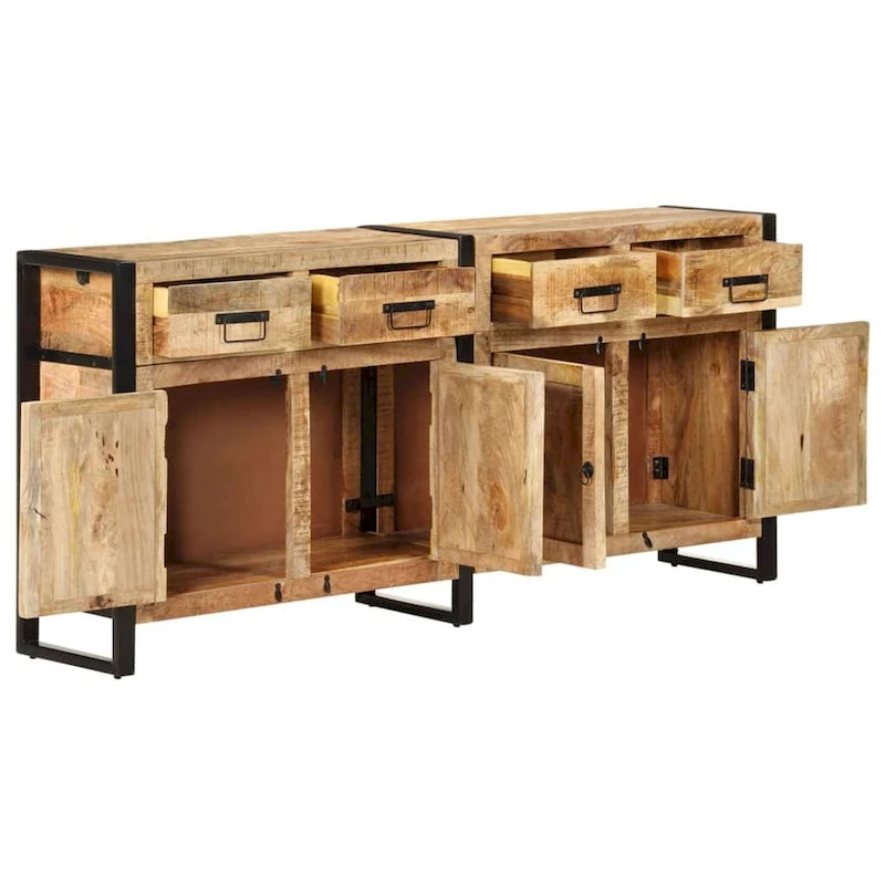 Industrial Solid Mango Wood Sideboard with 2 Doors & 4 Drawers, Steel Frame, 67.7x13.8x31.5 in