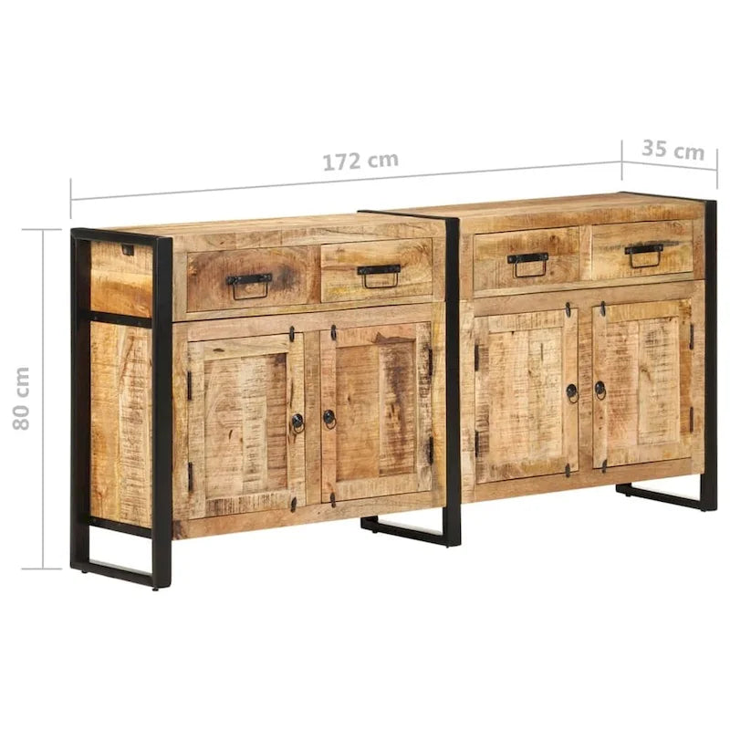 Industrial Solid Mango Wood Sideboard with 2 Doors & 4 Drawers, Steel Frame, 67.7x13.8x31.5 in