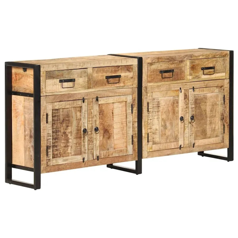 Industrial Solid Mango Wood Sideboard with 2 Doors & 4 Drawers, Steel Frame, 67.7x13.8x31.5 in