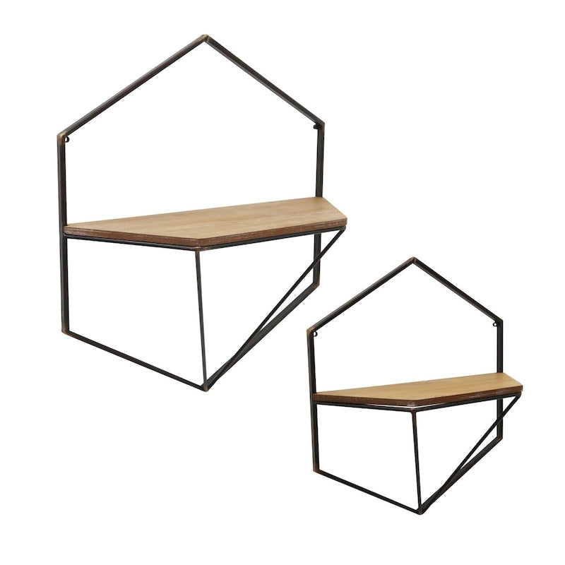 Set of 2 Brown and Black Hexagon Wall Shelves 17