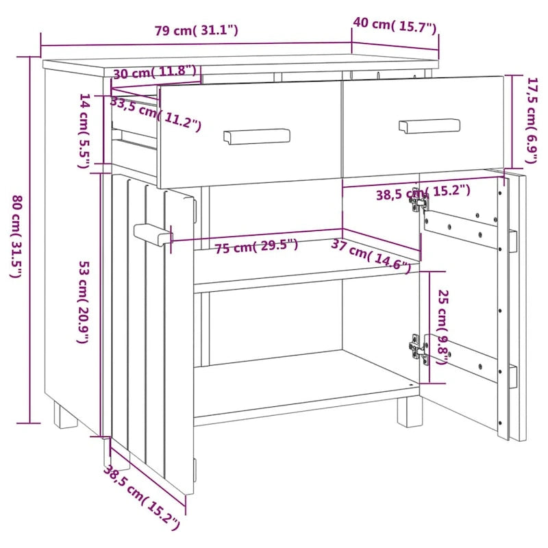 Sideboard Buffet Console Cabinet, 2 Doors & 2 Drawers, Solid Pine Wood, 31.1W x 15.7D x 31.5H